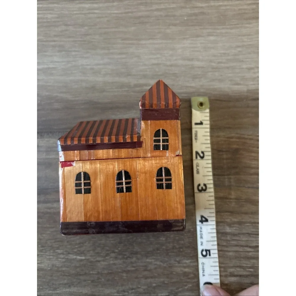 VTG Trinket/Jewelry Box Wheat Straw Balsa Wood Marquetry Victorian House